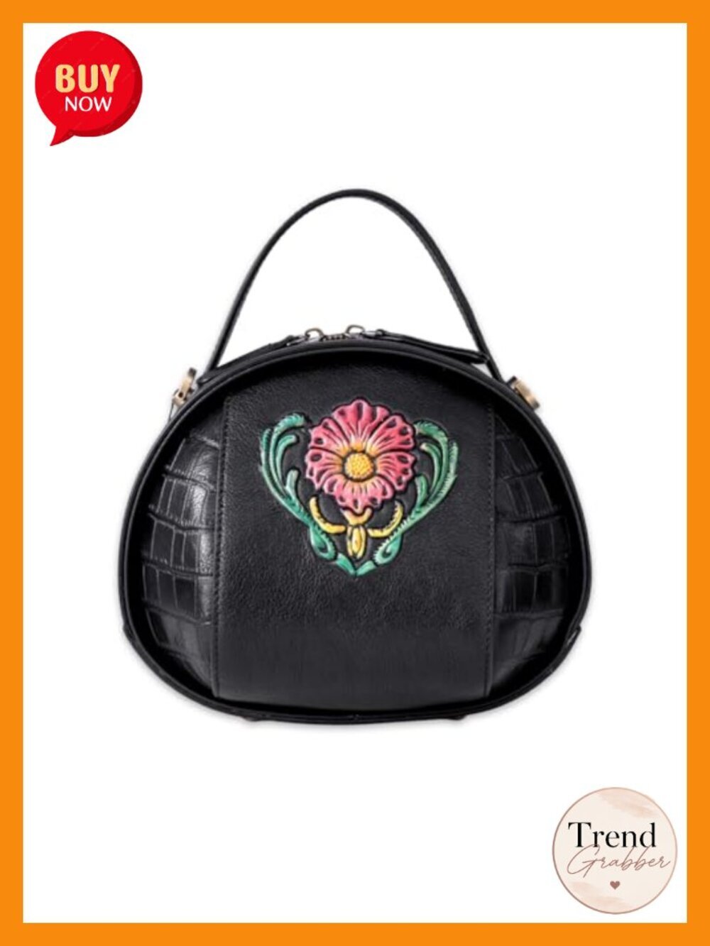Genuine Leather Crossbody Bag Hand-Embossed Floral Structured Satchel